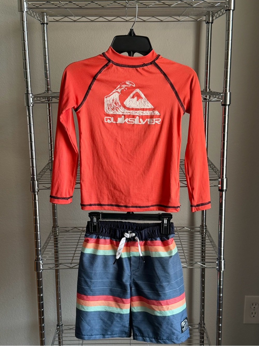 Quiksilver Kids Orange Long-Sleeve Rash Guard with Striped Blue Swim Trunks